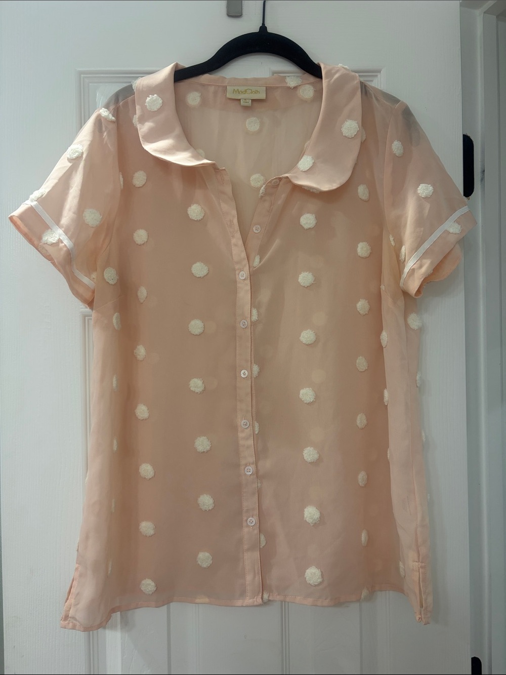ModCloth Pink Polka-Dot Sheer Button Front Blouse